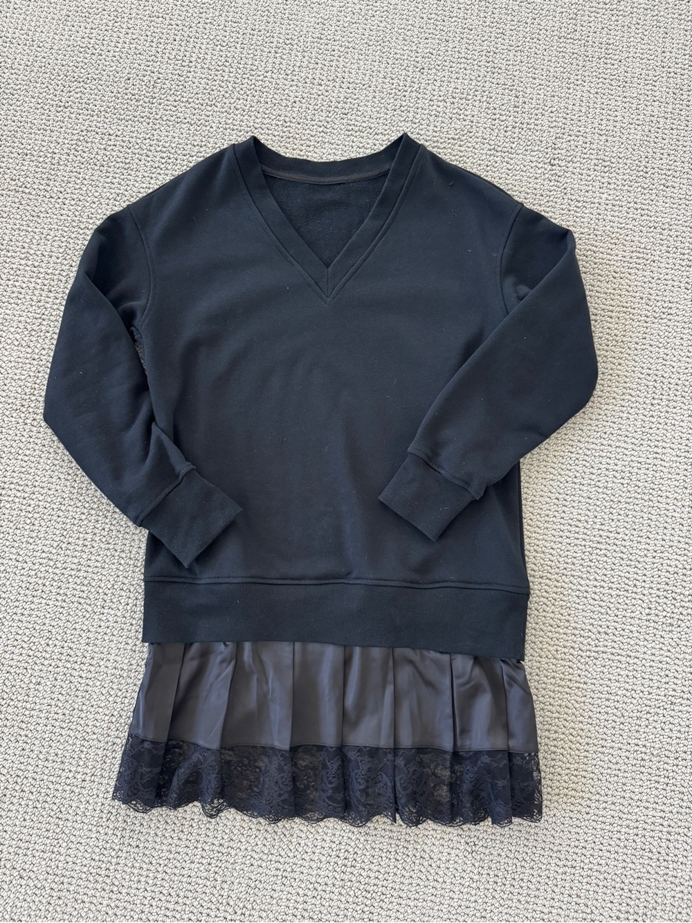 Black V‑Neck Sweatshirt Dress with Satin & Lace Hem